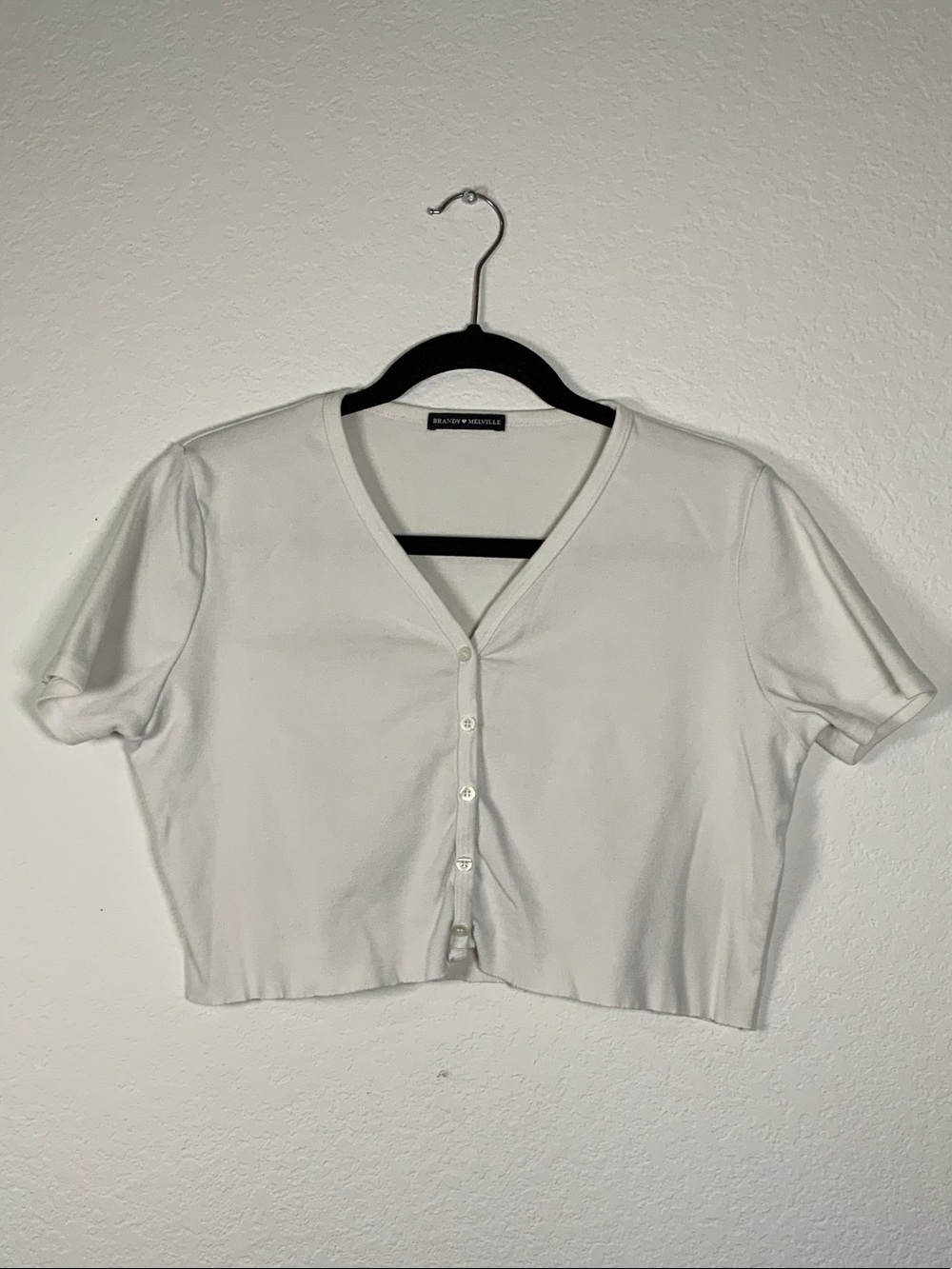 Brandy Melville White V-Neck Button Short Sleeve Crop Top